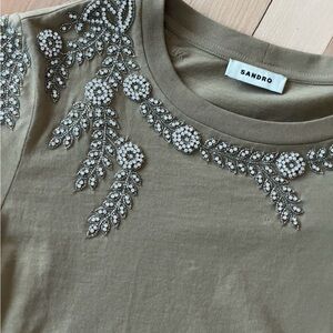 Sandro Beaded Khaki Short Sleeve Top